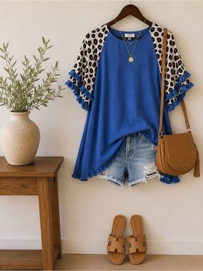 Umgee | Leopard Sleeve Tunic | Size S | Blue | Ruffle Sleeve | Fringe Hem